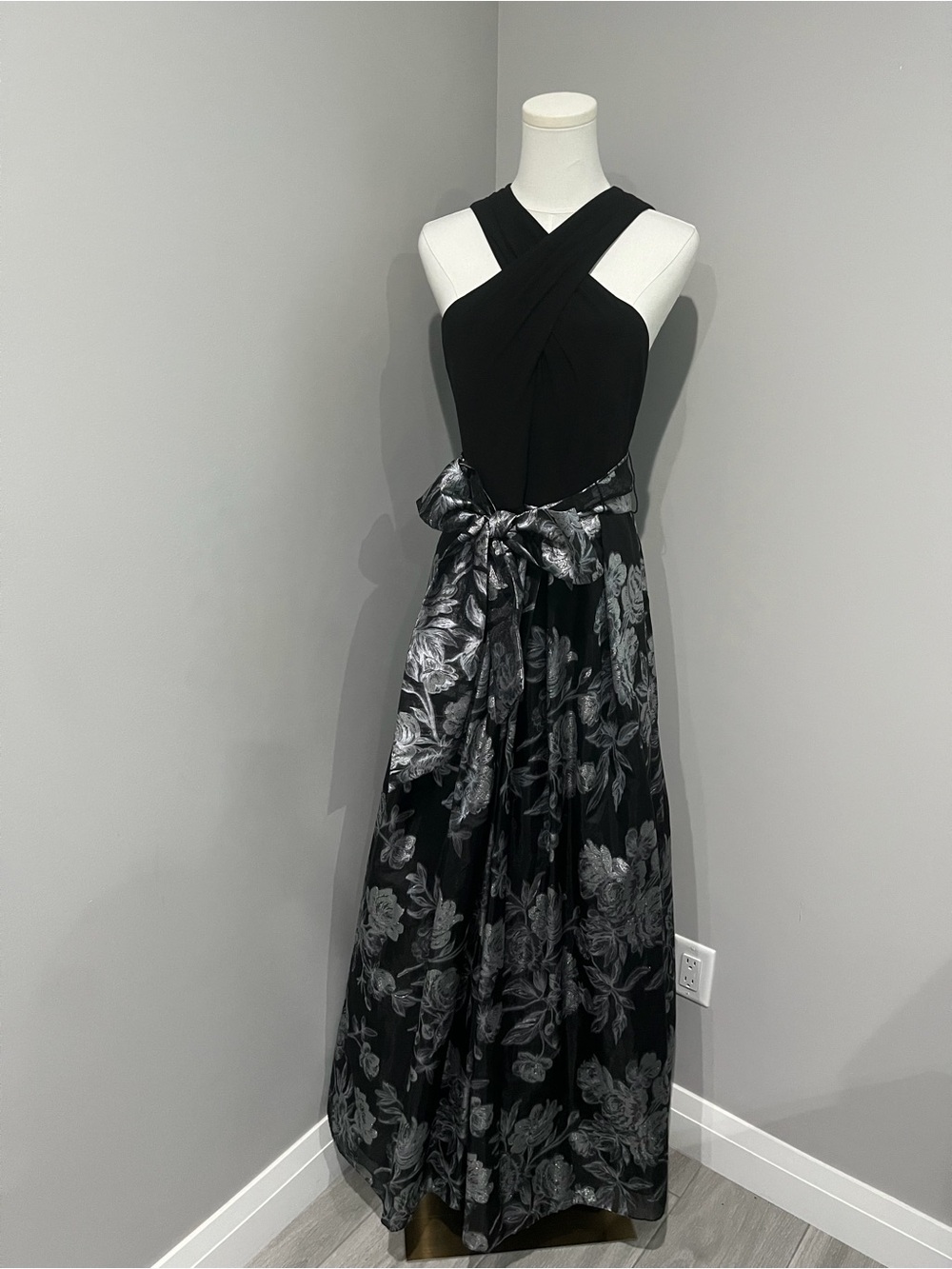 Eliza J Black Maxi Dress with Silver Floral Skirt and Sash